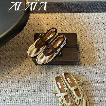 ALAIA FISHNET AND SATIN CORD BALLET FLATS IN WHITE MESH AND BROWN FABRIC