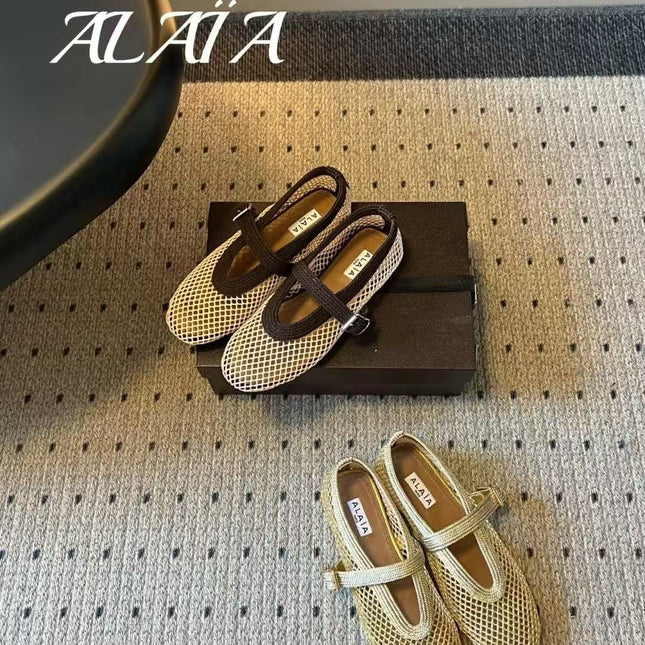 ALAIA FISHNET AND SATIN CORD BALLET FLATS IN WHITE MESH AND BROWN FABRIC
