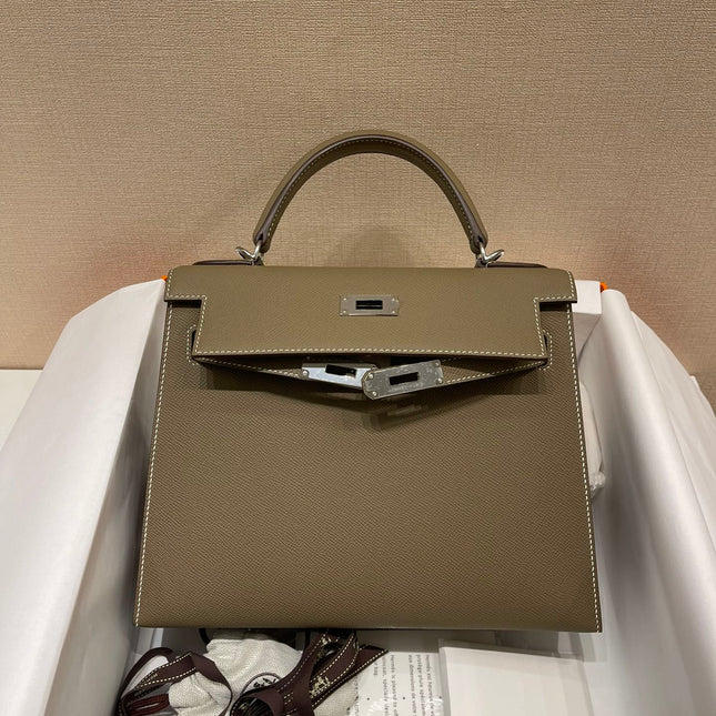 HM KELLY 28CM ETOUPE EPSOM LEATHER SILVER HARDWARE