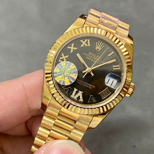 DATEJUST 31MM GOLD DIAMOND NUMERALS BLACK DIAL