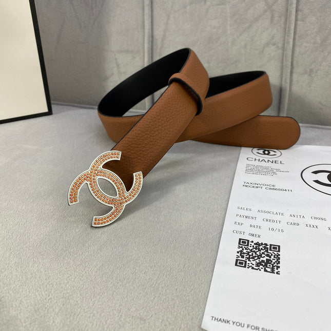 CC 26S BELT 30 MM IN TAN CALFSKIN STONE EMBELLISHED SILVER TONE 661124