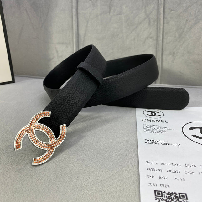 CC 26S BELT 30 MM IN BLACK CALFSKIN STONE EMBELLISHED SILVER TONE 661126