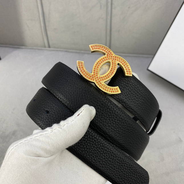 CC 26S BELT 30 MM IN BLACK CALFSKIN STONE EMBELLISHED GOLD TONE 661126