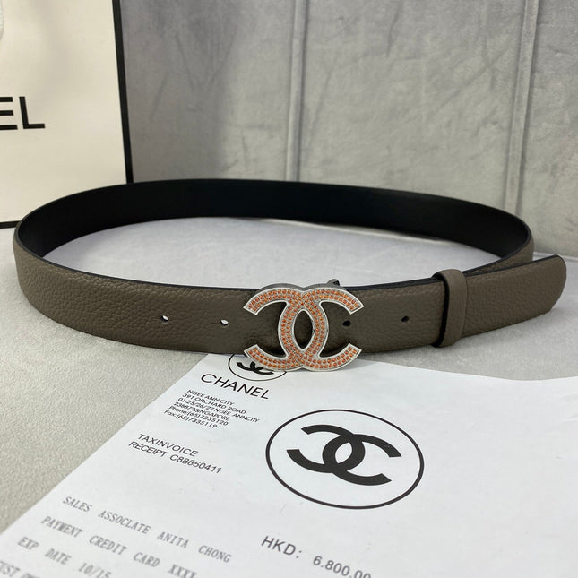 CC 26S BELT 30 MM IN TAUPE CALFSKIN STONE EMBELLISHED SILVER-TONE 661127