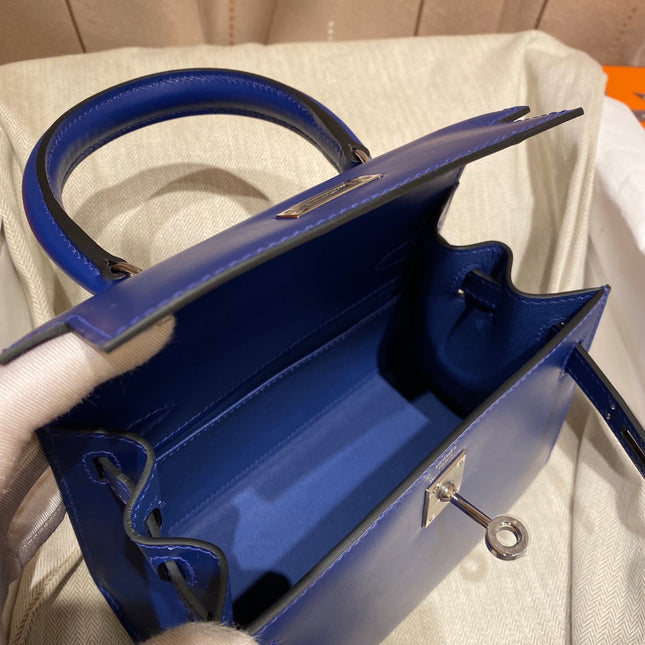 KELLY MINI 20 BAG IN NAVY BLUE SMOOTH CALFSKIN WITH SILVER HARDWARE