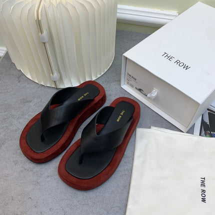 THE ROW 26S GINZA THONG SANDALS IN BLACK CALFSKIN AND BURGUNDY RED SUEDE