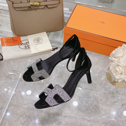PREMIERE 70 SANDAL IN BLACK SUEDE WITH WHITE CRYSTALS