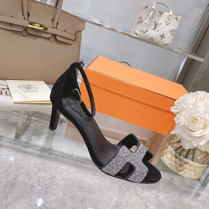PREMIERE 70 SANDAL IN BLACK SUEDE WITH WHITE CRYSTALS