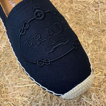 PRADA 26S ESPADRILLE FLATS IN BLACK CANVAS EMBROIDERED LOGO