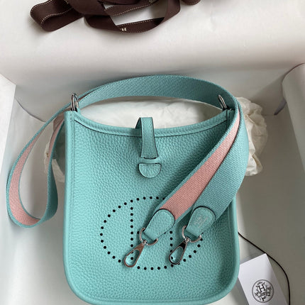HM 25S EVELYNE 17 CM IN PASTEL BLUE COWHIDE AND CANVAS WITH SILVER HARDWARE