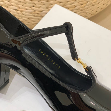 TRIOMPHE T-BAR HIGH PUMPS IN BLACK PATENT CALFSKIN