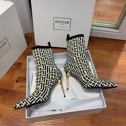 BALMAIN 26S BOOTS 105 MM IN BLACK AND LIGHT BEIGE FLYKNIT STYLE 9