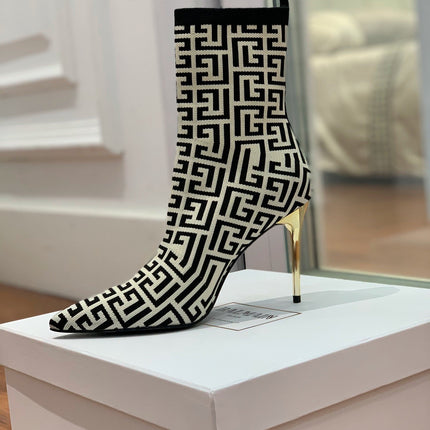 BALMAIN 26S BOOTS 105 MM IN BLACK AND LIGHT BEIGE FLYKNIT STYLE 9