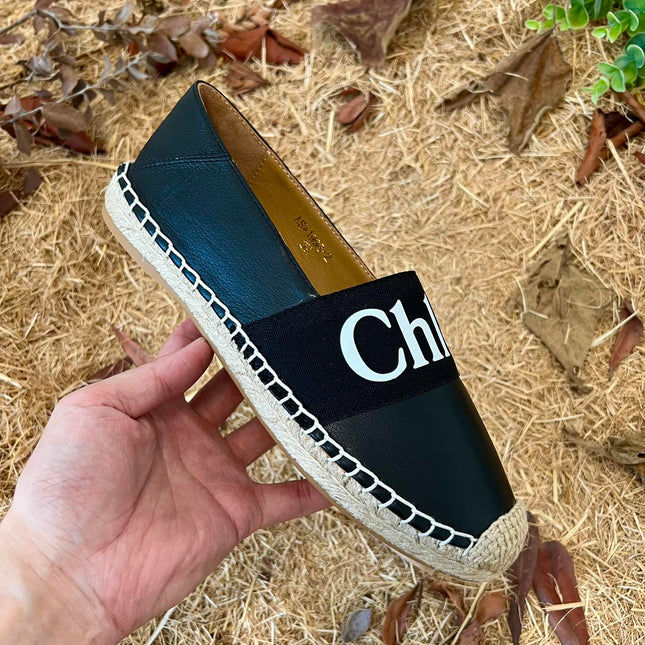 CHLOÉ 26S ESPADRILLE LOAFERS IN BLACK CALFSKIN AND CANVAS