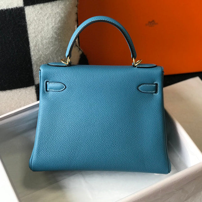 HERMES KELLY BAG 25CM IN BLUE TOGO LEATHER WITH GOLD HARDWARE