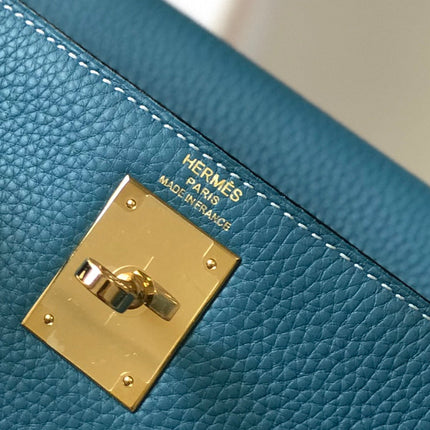 HERMES KELLY BAG 25CM IN BLUE TOGO LEATHER WITH GOLD HARDWARE