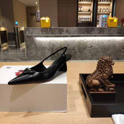 PRADA 26S POINTED TOE WEDGE SLINGBACK PUMPS IN BLACK CALFSKIN