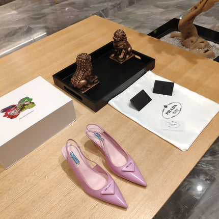 PRADA 26S POINTED TOE WEDGE SLINGBACK PUMPS IN PINK PATENT CALFSKIN
