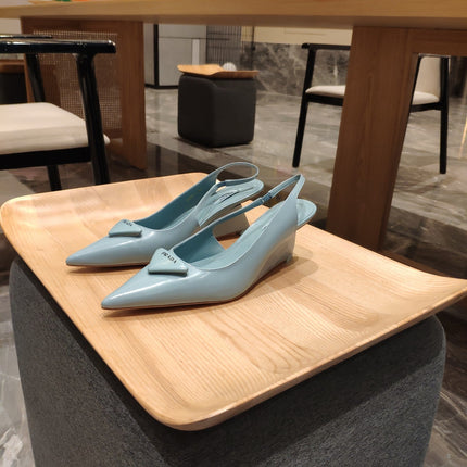 PRADA 26S POINTED TOE WEDGE SLINGBACK PUMPS IN LIGHT BLUE PATENT CALFSKIN