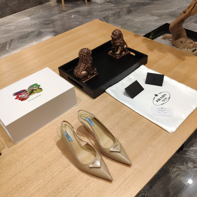 PRADA 26S POINTED TOE WEDGE SLINGBACK PUMPS IN BEIGE PATENT CALFSKIN