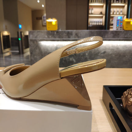 PRADA 26S POINTED TOE WEDGE SLINGBACK PUMPS IN BEIGE PATENT CALFSKIN