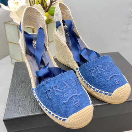 PRADA 26S ESPADRILLE HIGH HEEL SANDALS IN BLUE CANVAS