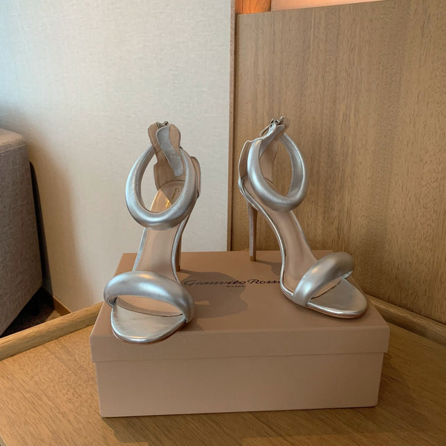 GIANVITO ROSSI 26S BIJOUX SANDALS 105 MM IN SILVER LAMBSKIN