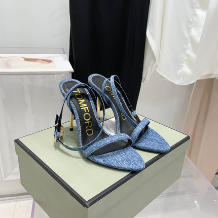 TOM FORD 26S GOLD BUCKLE HEELS 105 MM IN BLUE DENIM