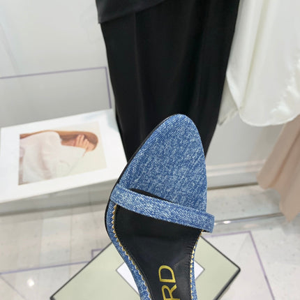 TOM FORD 26S GOLD BUCKLE HEELS 105 MM IN BLUE DENIM