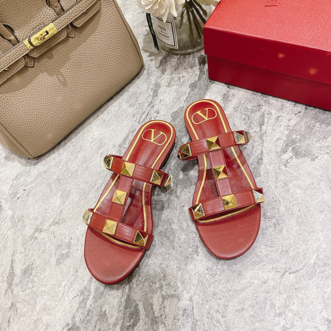 ROMAN STUD CHERRY RED CALFSKIN FLAT SLIDE SANDAL 25 MM