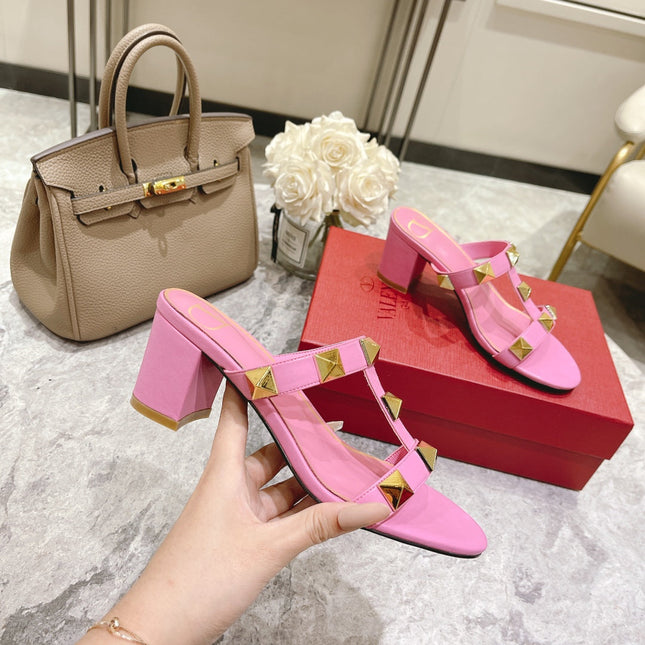 ROMAN STUD BRIGHT PINK CALFSKIN SLIDE SANDAL 60 MM
