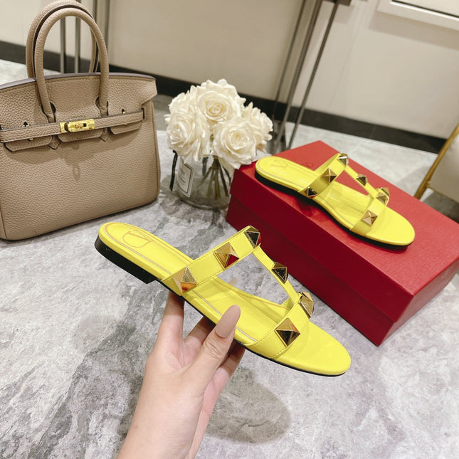 ROMAN STUD BRIGHT YELLOW CALFSKIN FLAT SLIDE SANDAL 25 MM
