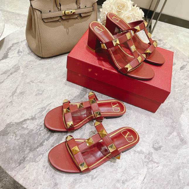 ROMAN STUD CHERRY RED CALFSKIN SLIDE SANDAL 60 MM