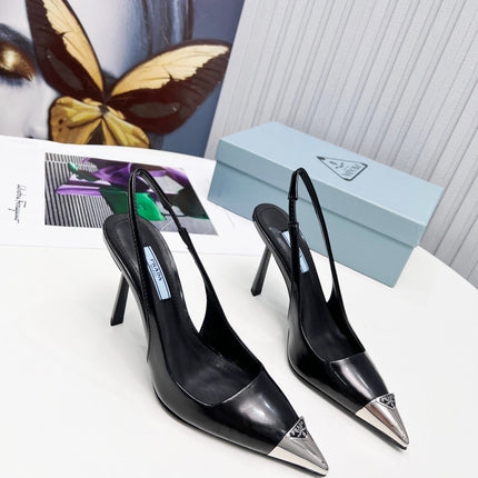 PRADA 26S SLINGBACK HEELS 95MM IN BLACK METAL TIP CALFSKIN