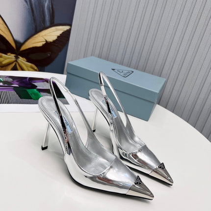 PRADA 26S SLINGBACK HEELS 95MM IN SILVER METAL TIP CALFSKIN