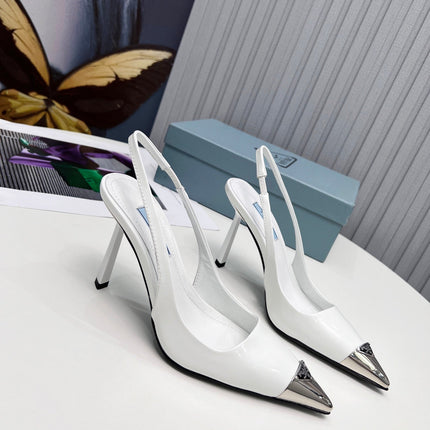 PRADA 26S SLINGBACK HEELS 95MM IN WHITE METAL TIP CALFSKIN