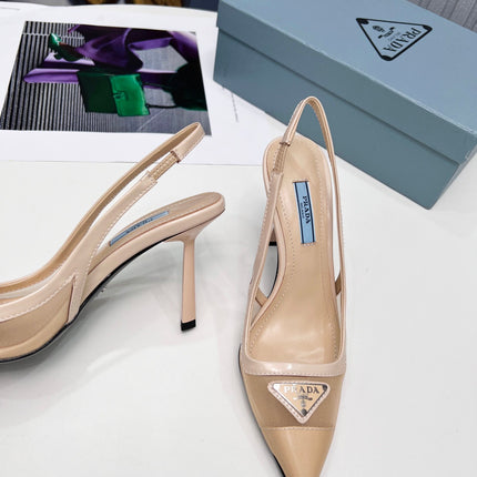 PRADA 26S SLINGBACK PUMPS STILETTO HEEL 95MM IN NUDE BEIGE MESH WITH LOGO