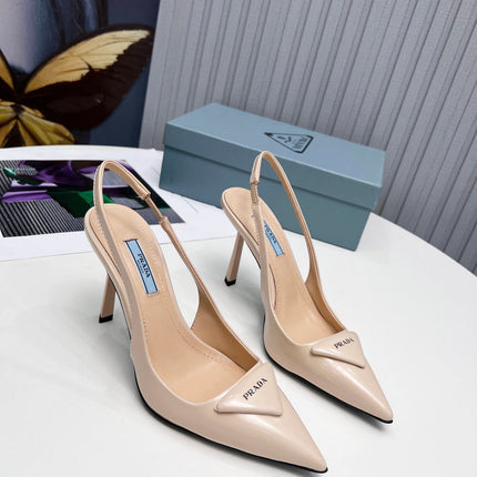 PRADA 26S SLINGBACK PUMPS STILETTO HEEL 95MM IN NUDE BEIGE CALFSKIN LOGO