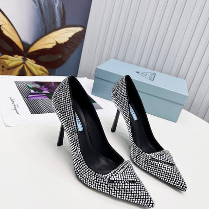 PRADA 26S POINTED TOE PUMPS STILETTO HEEL 95MM IN CRYSTAL EMBELLISHED STYLE 1