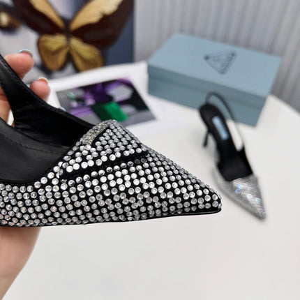 PRADA 26S SLINGBACK PUMPS STILETTO HEEL 95MM IN CRYSTAL EMBELLISHED STYLE 1