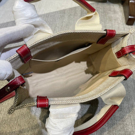 SMALL STRAP WOODY TOTE BAG 26.5 IN BEIGE LINEN CANVAS BLACK WEBBING LOGO EMBROIDER RED CALFSKIN