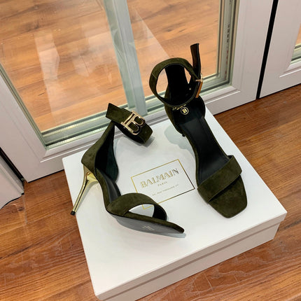 BALMAIN 25S THIN STRAP HIGH HEELS 105MM IN VERY DEEP OLIVE SUEDE GOLD HARDWARE