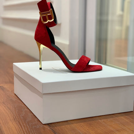 BALMAIN 25S THIN STRAP HIGH HEELS 105MM IN DARK RED SUEDE GOLD HARDWARE