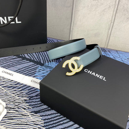 CHANEL 25S BELT 30 MM IN GREY BLUE CALFSKIN WITH GOLD HARDWARE 615102