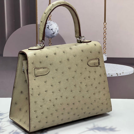 KELLY BAG 20 IN KHAKI TAN OSTRICH LEATHER WITH SILVER HARDWARE