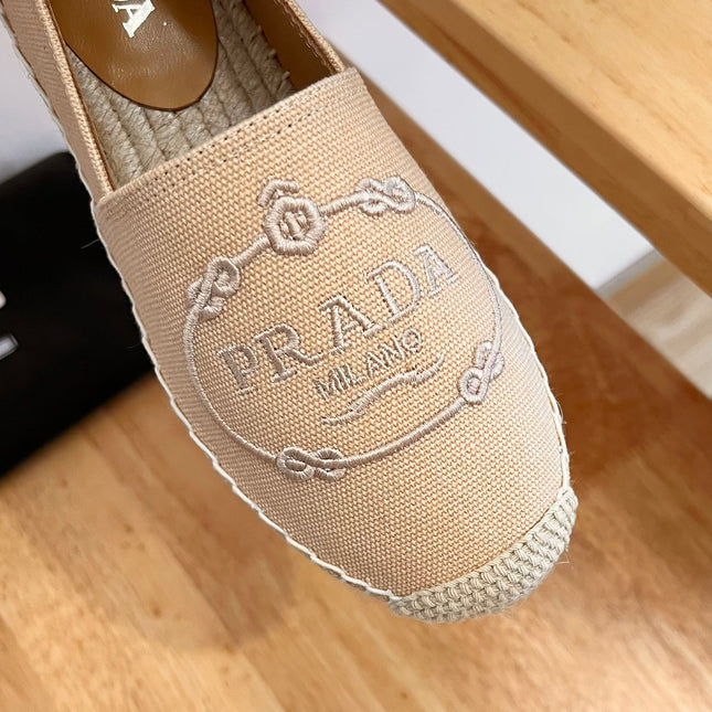 PRADA 26S EMBROIDERED LOGO ESPADRILLE FLATS IN BEIGE CANVAS
