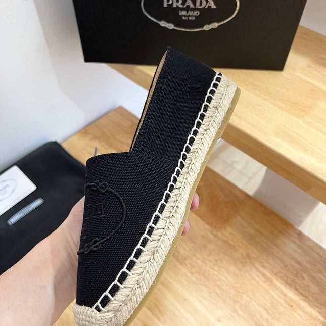 PRADA 26S EMBROIDERED LOGO ESPADRILLE FLATS IN BLACK CANVAS