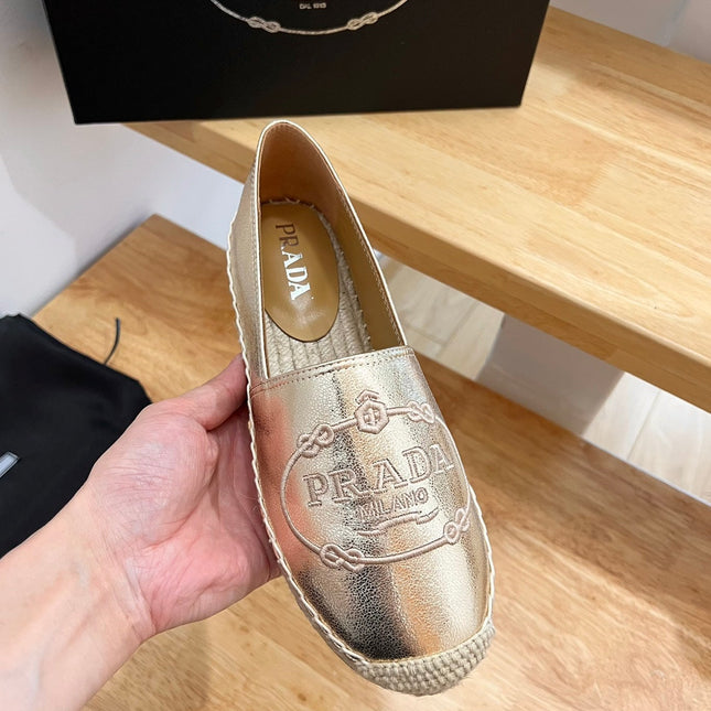 PRADA 26S EMBROIDERED LOGO ESPADRILLE FLATS IN GOLD CALFSKIN