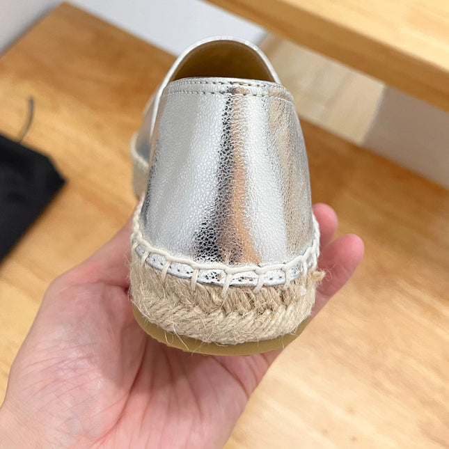 PRADA 26S EMBROIDERED LOGO ESPADRILLE FLATS IN SILVER CALFSKIN