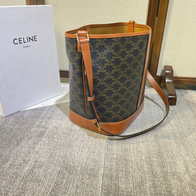 CELINE 26S BUCKET 33 IN DARK BROWN CALFSKIN WITH PRINTED PATTERN
